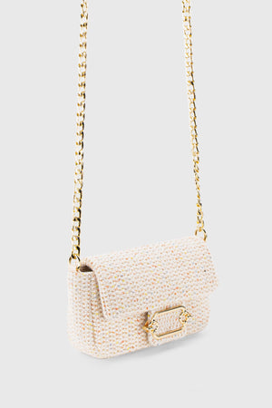 Women'S Tweed Cream Chain Magnet Closure Crossbody Bag 225