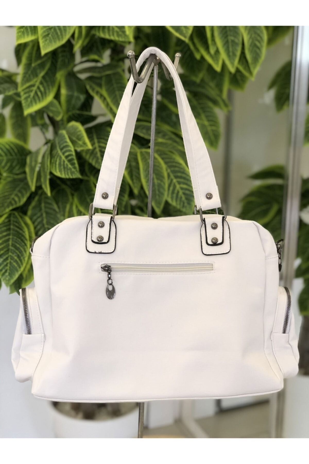 Women's White Wash Leather Multi-Section Shoulder And Hand Bag