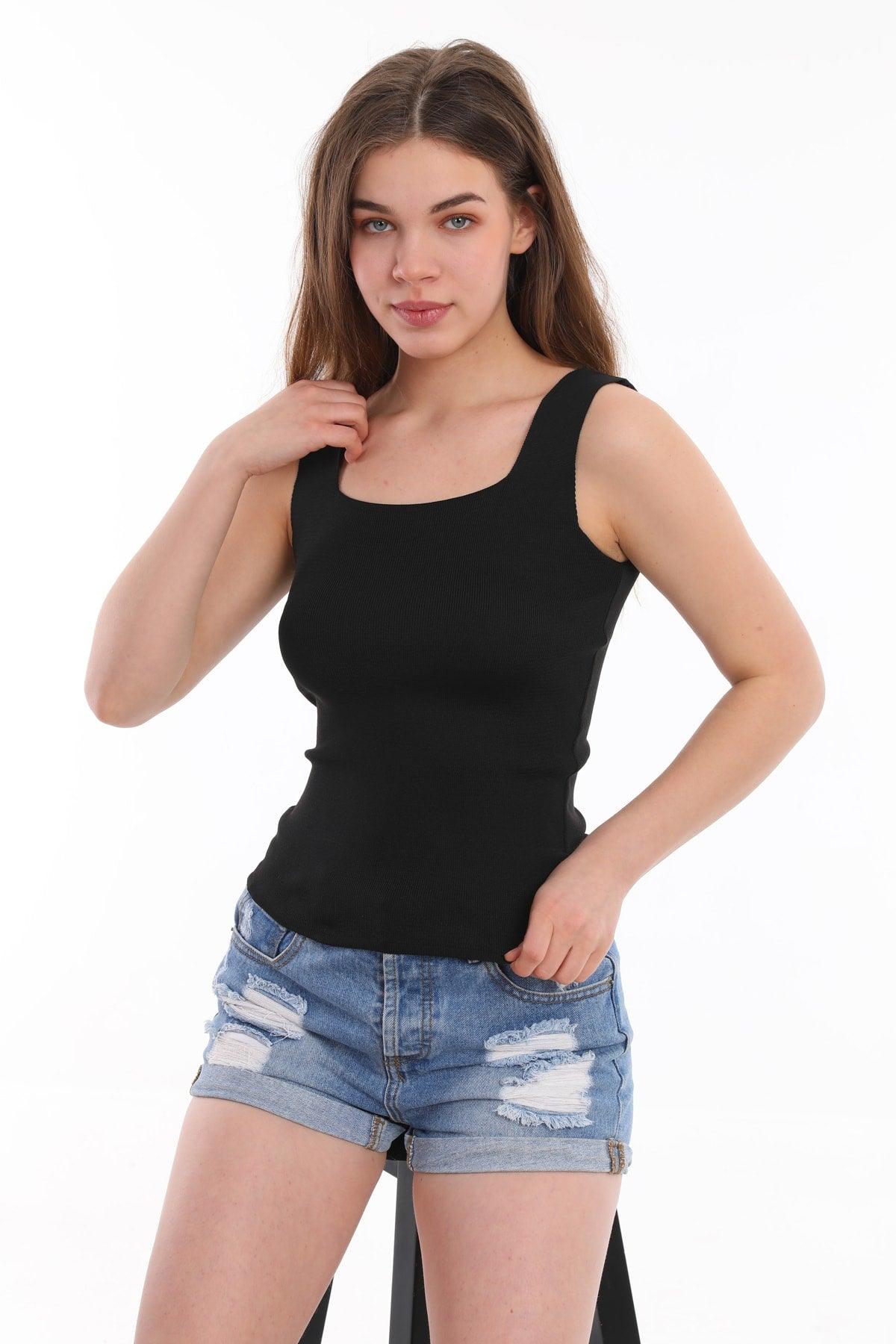 Women's Black Tank Top Thick Strap Singlet Slim Summer Square Collar Knitwear - Swordslife