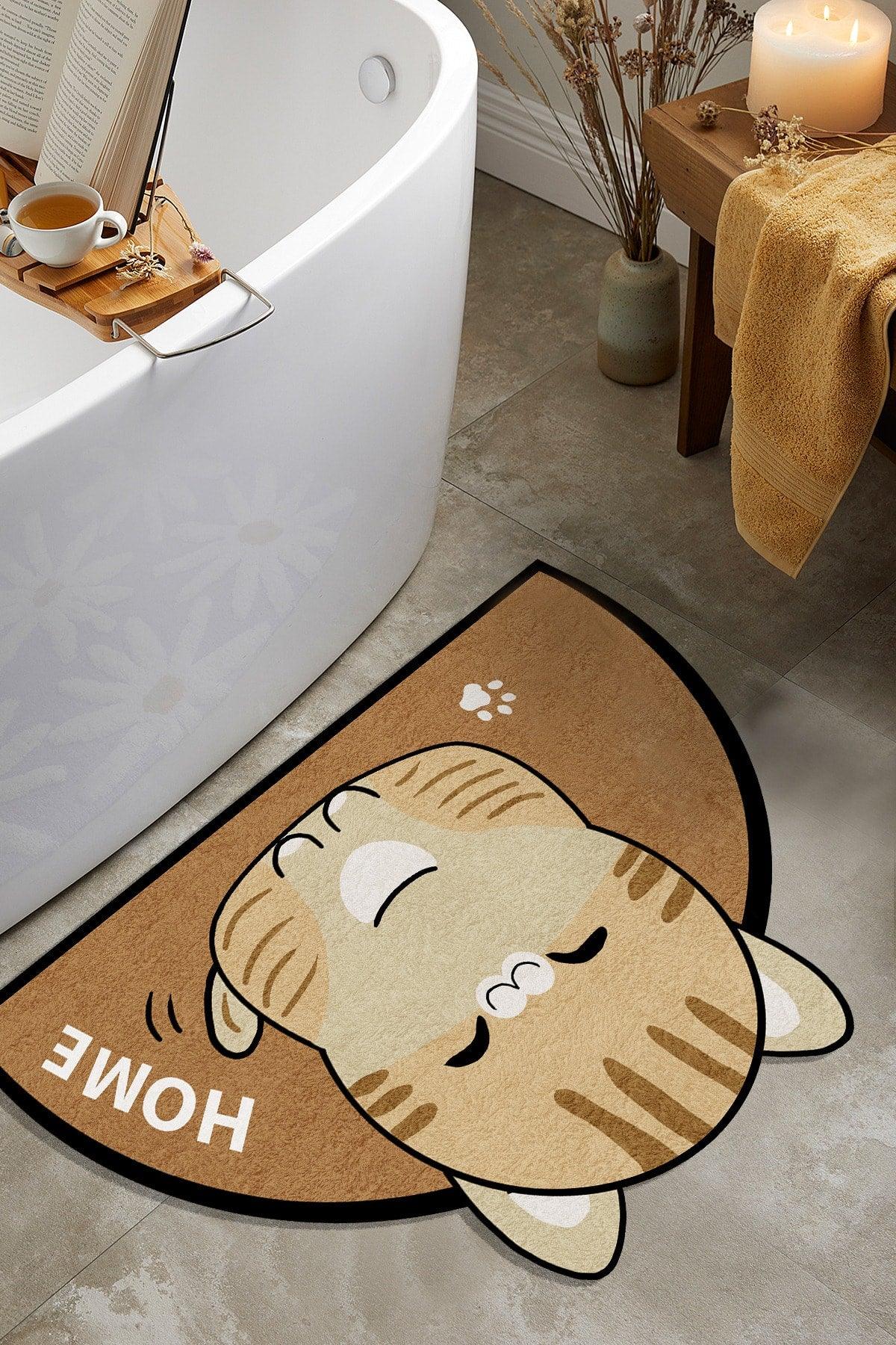 Washable Coffee Cat Bath Rug Doormat Closet One Piece Oval 60x100 Dc-8035 - Swordslife