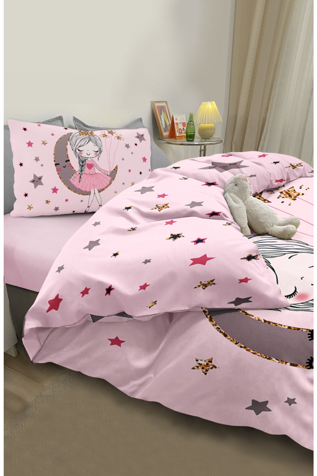 Ballerina Princess Fairy Girl Sitting on the Moon Patterned Single Baby Kids Duvet Cover Set