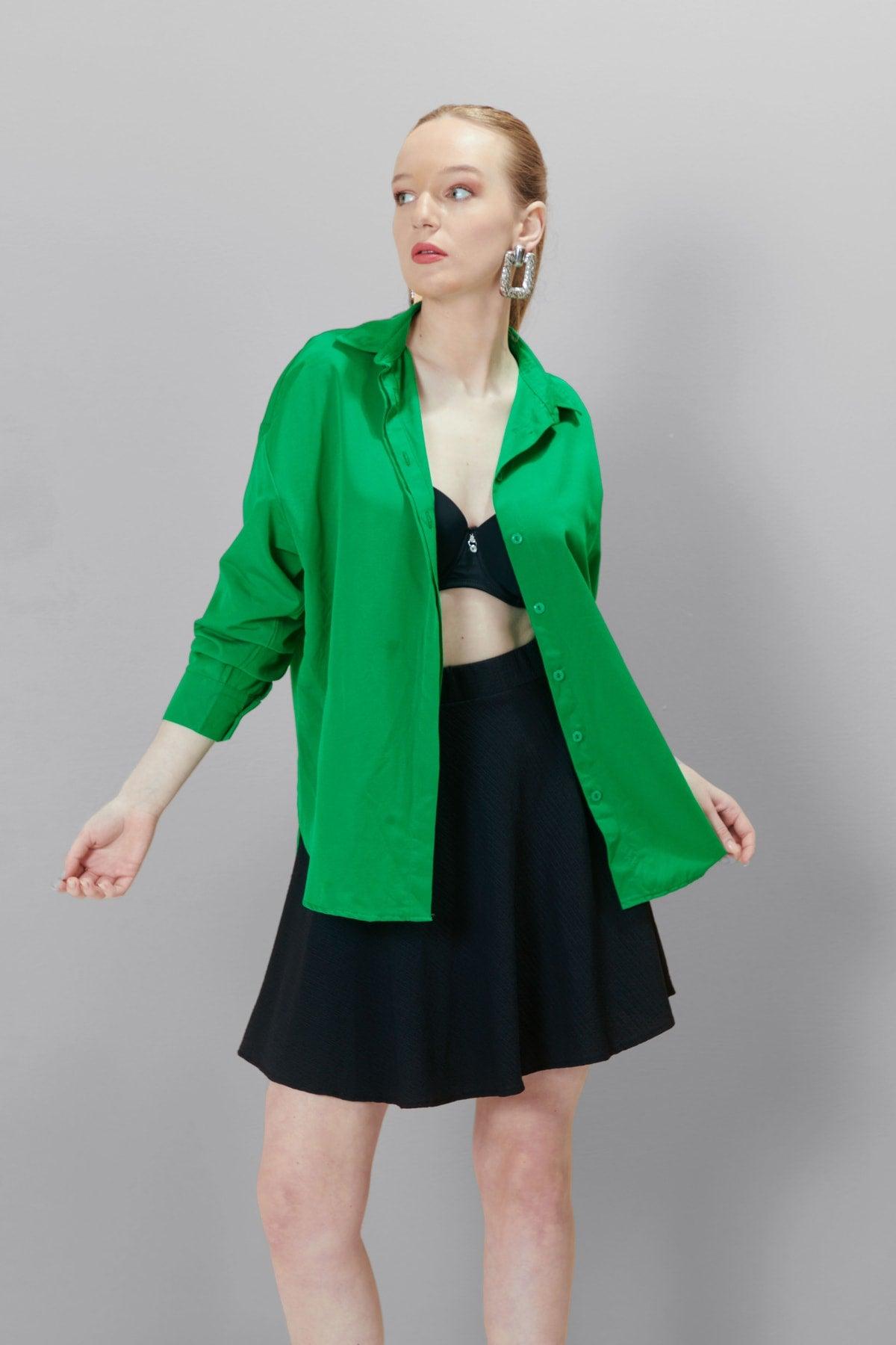 Women's Green Oversize Long Basic Shirt - Swordslife