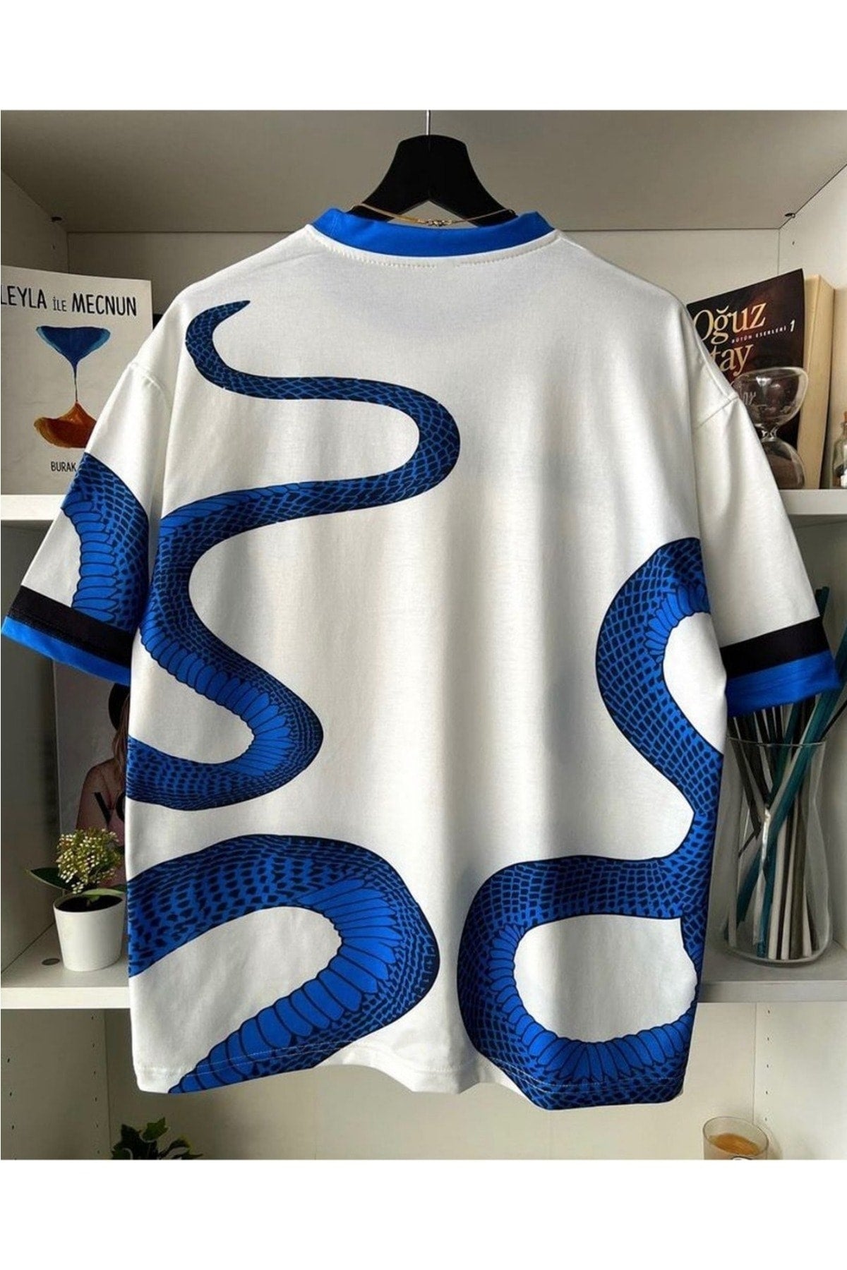 Black Sokak Men'S White Snake Patterned Inter Oversize Crew Neck Tshirt