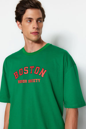 Green Men'S Oversize Crew Neck Short Sleeve City Printed 100% Cotton T-Shirt Tmnss21Ts1217