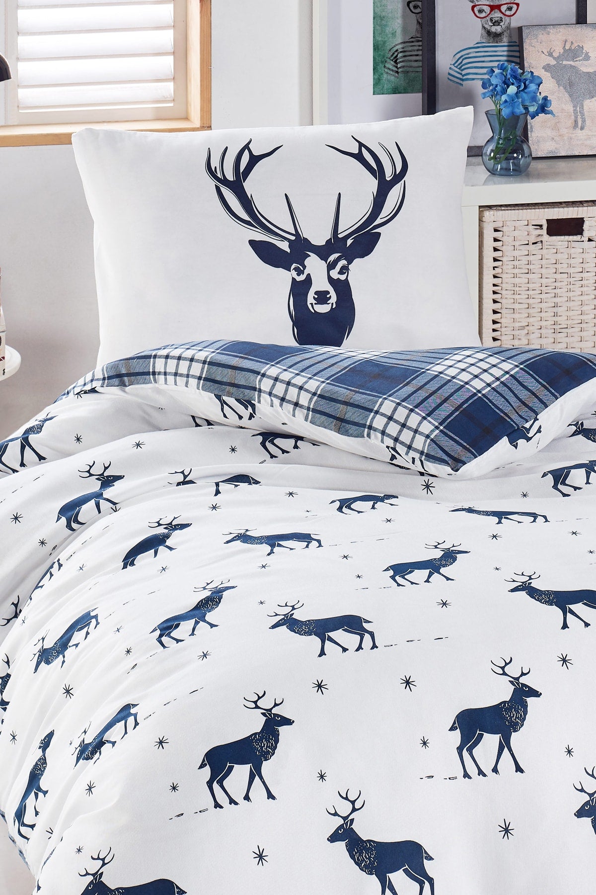 Junior Duvet Cover Set Single Deer Navy Blue