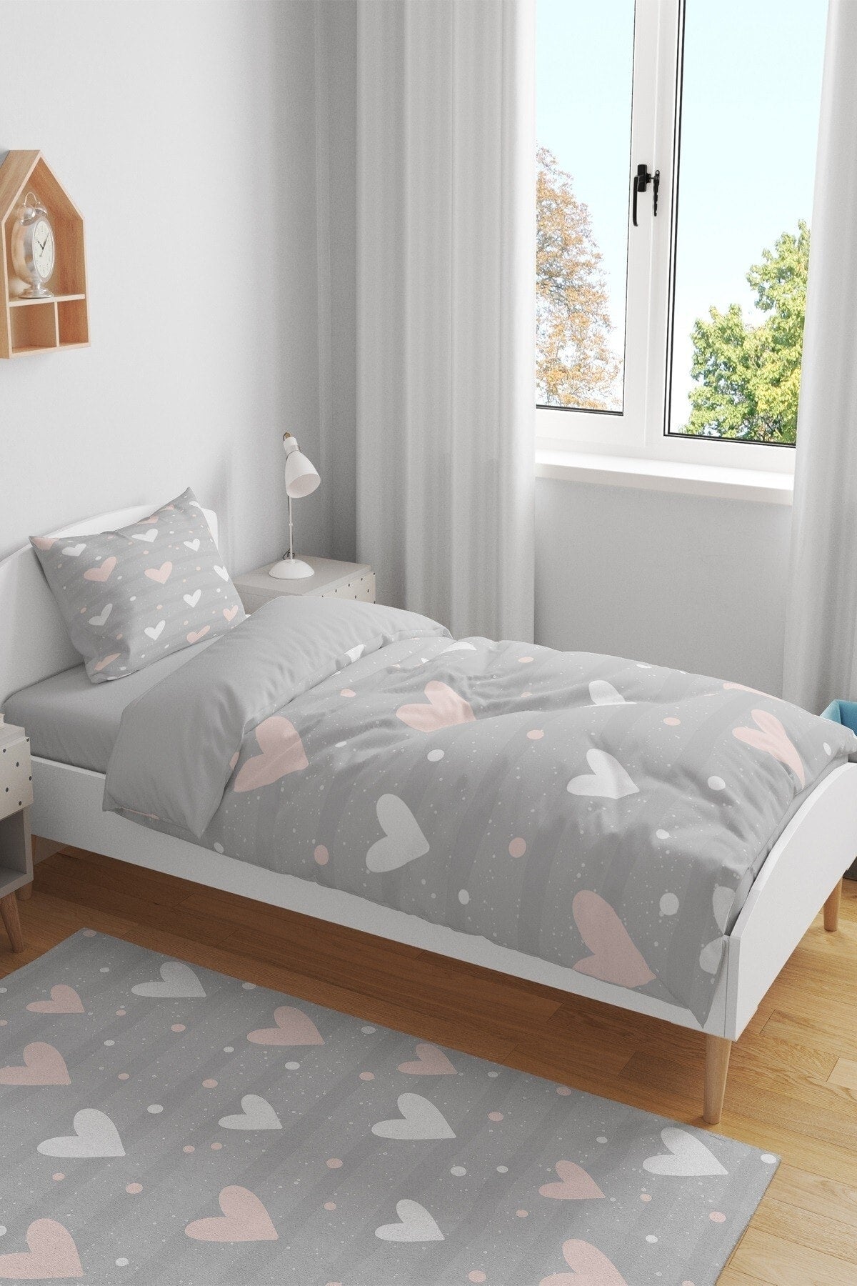 Gray Powder Hearts Patterned Single Baby Kids Duvet Cover Set