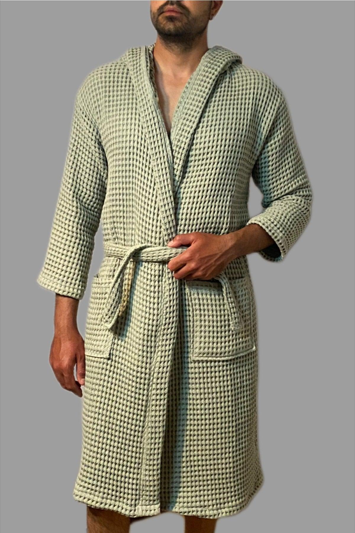 Waffle 100% Cotton Unisex Bathrobe Sage Green - Swordslife