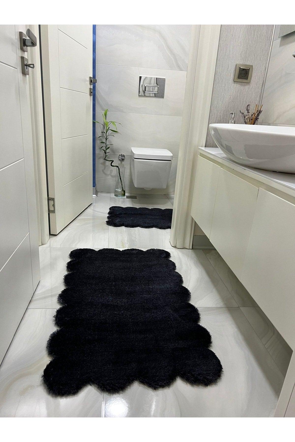 Laser Cut 2 Piece Bath Mat Black Plush Carpet - Swordslife