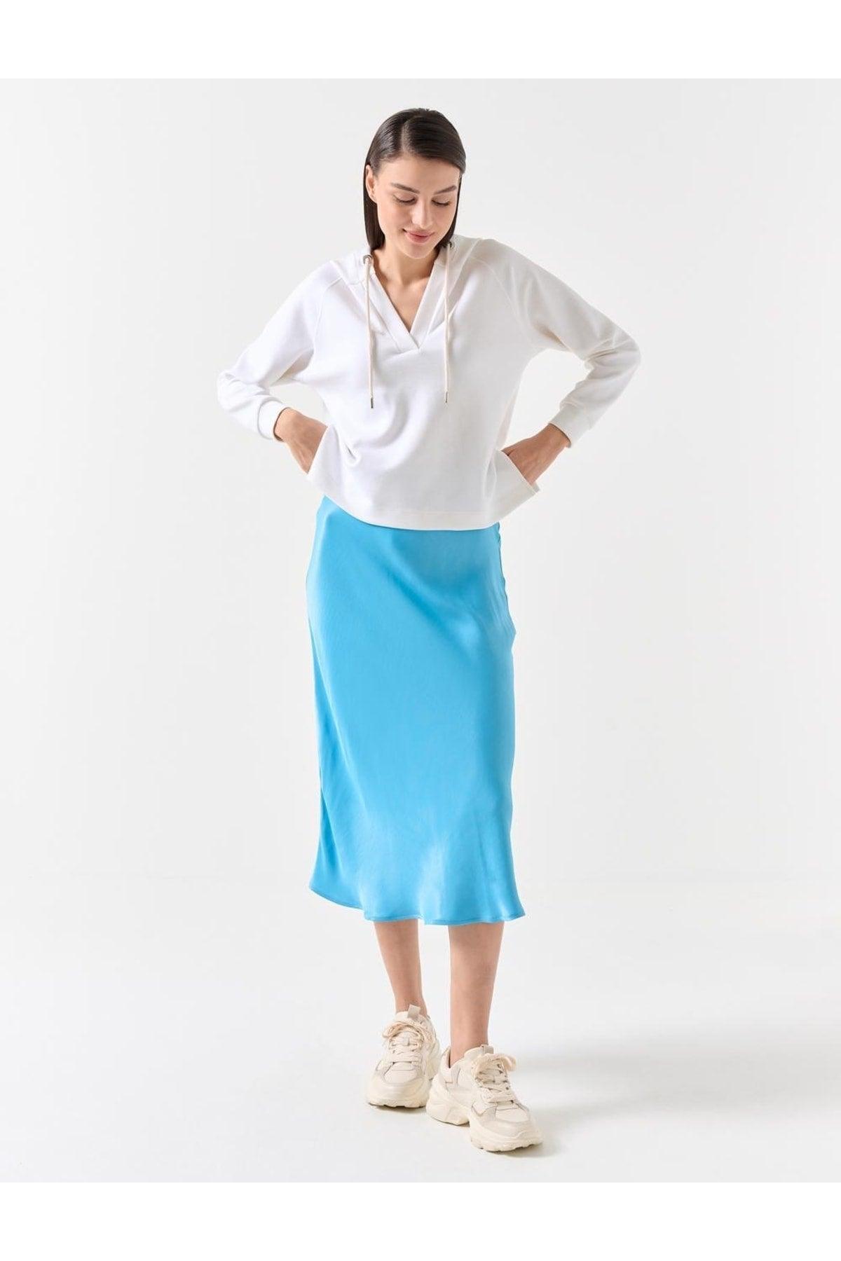 Light Sky Blue Straight Cut High Waist Midi Satin Skirt - Swordslife