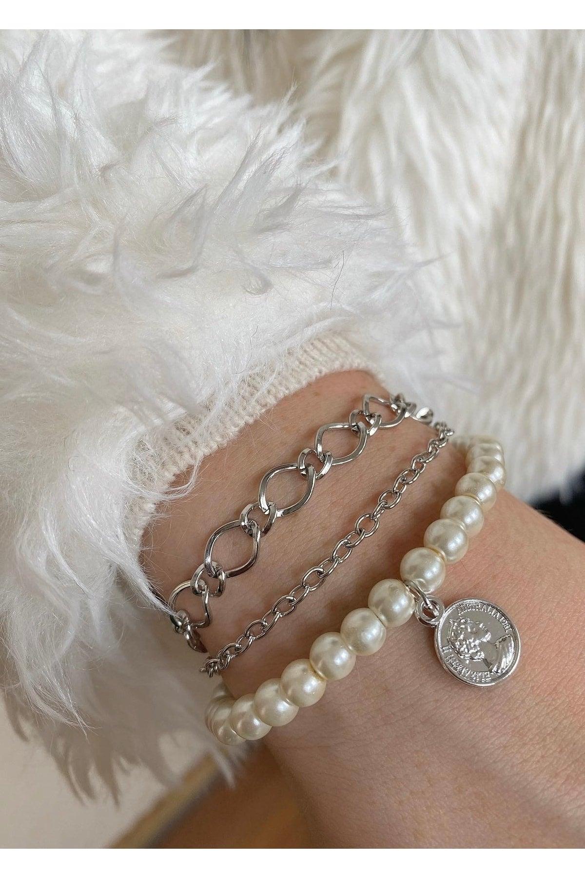 Women's Pearl Chain 3 Piece Combination Bracelet - Swordslife