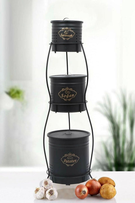 3 Tiers Black Metal Bucket Potato Onion Rack