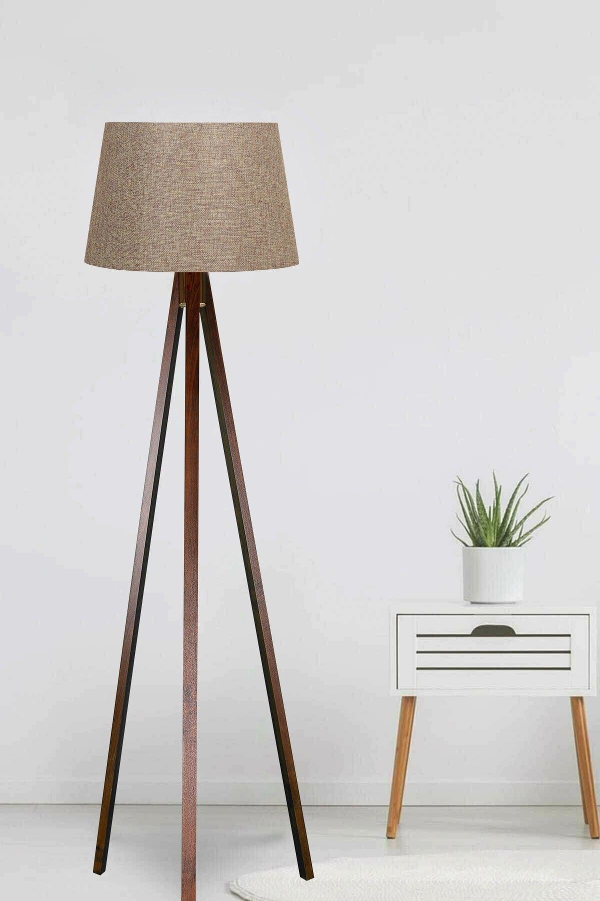 3 Legs Floor Lamp Tripod Leg Three Legs Wooden Lampshade Conical Fabric Beige Headboard Brown Leg - Swordslife