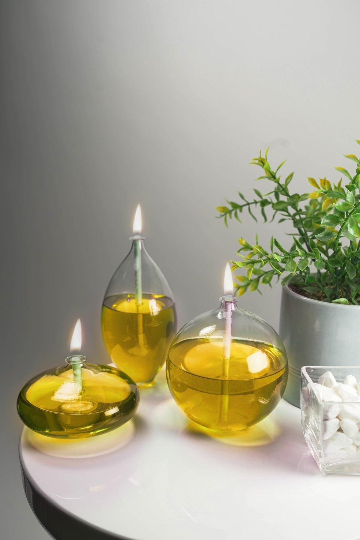 Triple Jumbo Mix Glass Oil Lamp (Sphere, Barrel, Ellipse) + 750 Ml Oil Lamp - Yellow - Swordslife