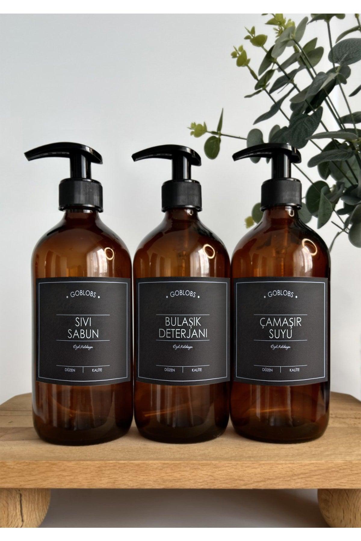 Set of 3 500ml Amber Bottle Liquid Soap & Dishwashing Liquid & Bleach Black - Swordslife