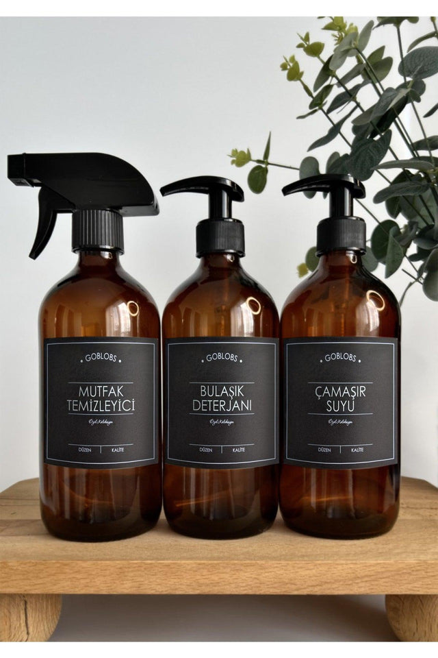 Set of 3 500ml Amber Bottle Spray Kitchen Cleaner & Dishwashing Liquid & Bleach Black - Swordslife