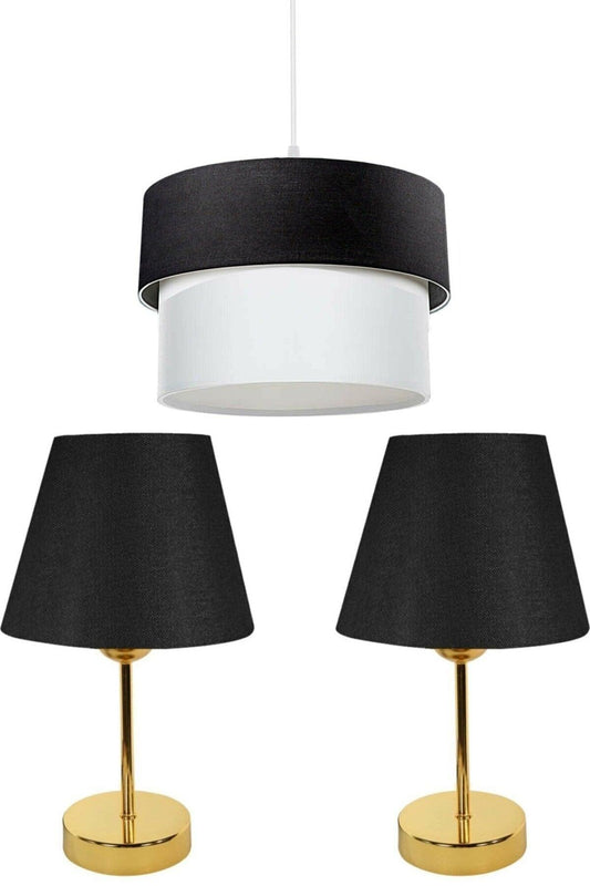 Set of 3 Chandelier And Bedside Table Gold Lampshade / Black - Swordslife