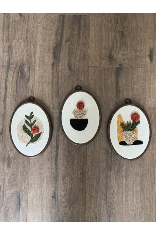 Set of 3 Punch Embroidered Frame Framed Wall Ornament Flower 18*23 Cm - Swordslife