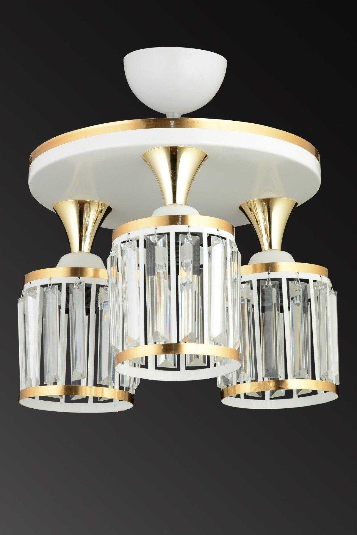 3 Pcs White Tray Crystal Stone Plafonyer Yellow Striped Cylinder Downward Facing Luxury Chandelier - Swordslife