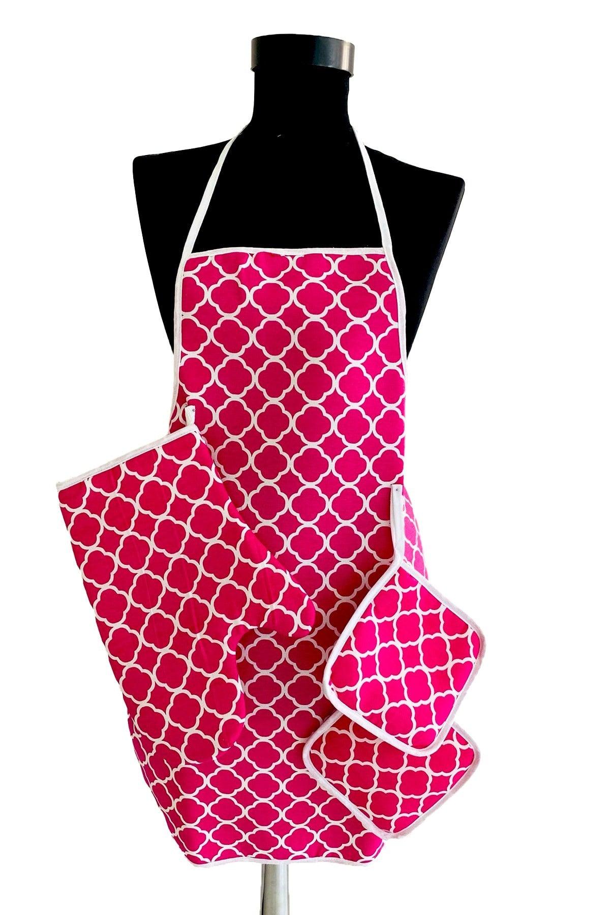 3 Piece Fuchsia Kitchen Set Liquid Proof Kitchen Apron Heat Proof Oven Mitts And Holder Set - Swordslife