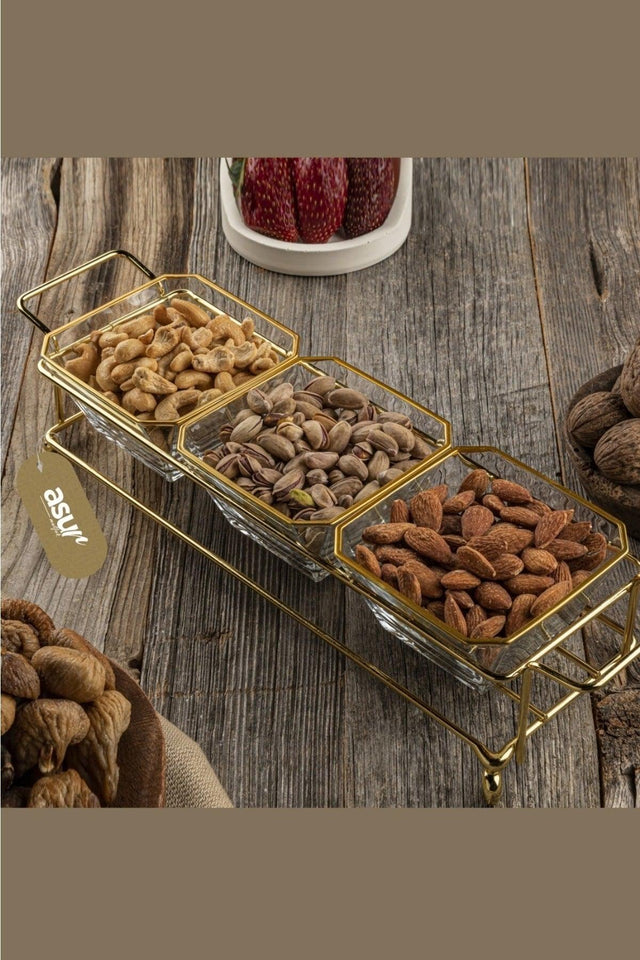 3 Section Glass Breakfast Cookie Holder With Gold Stand - Swordslife