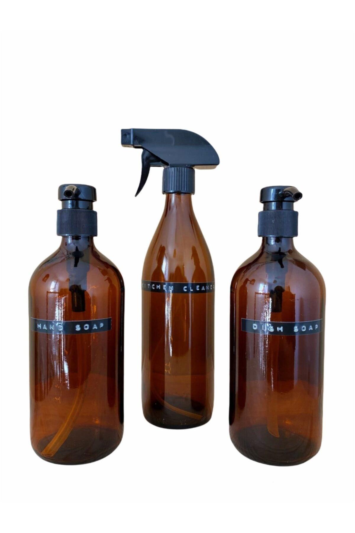 3 Pcs 500 Ml Amber Brown Glass Bottle Liquid Soap Dispenser Dish Soap Set - Swordslife