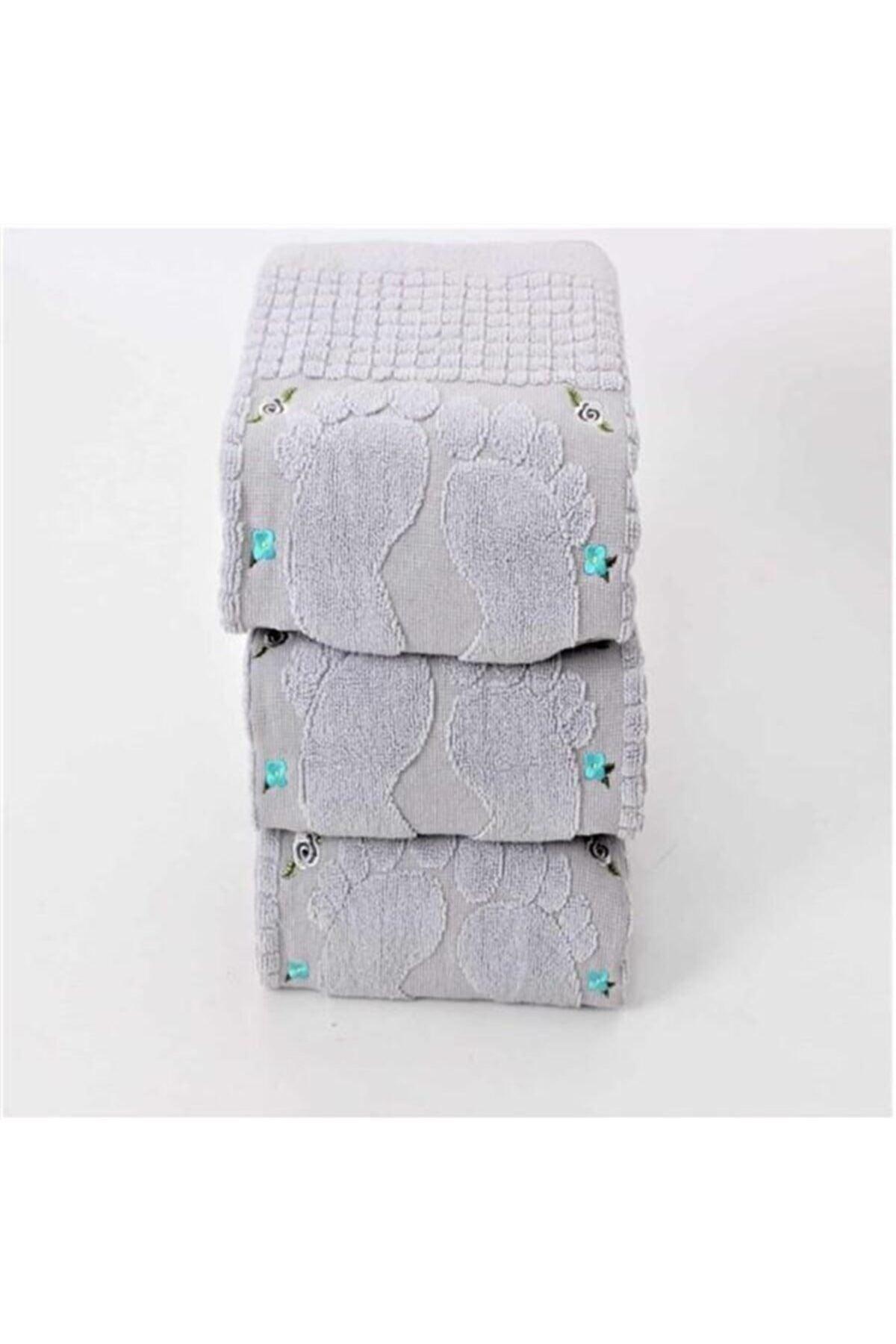 3 Pieces Gray Color Embroidered Foot Towel 100%