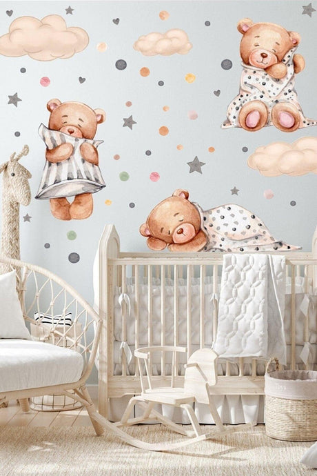 3 Schlafende Bär Wolken und Sterne Kinder Baby Zimmer Aufkleber Set - Swordslife