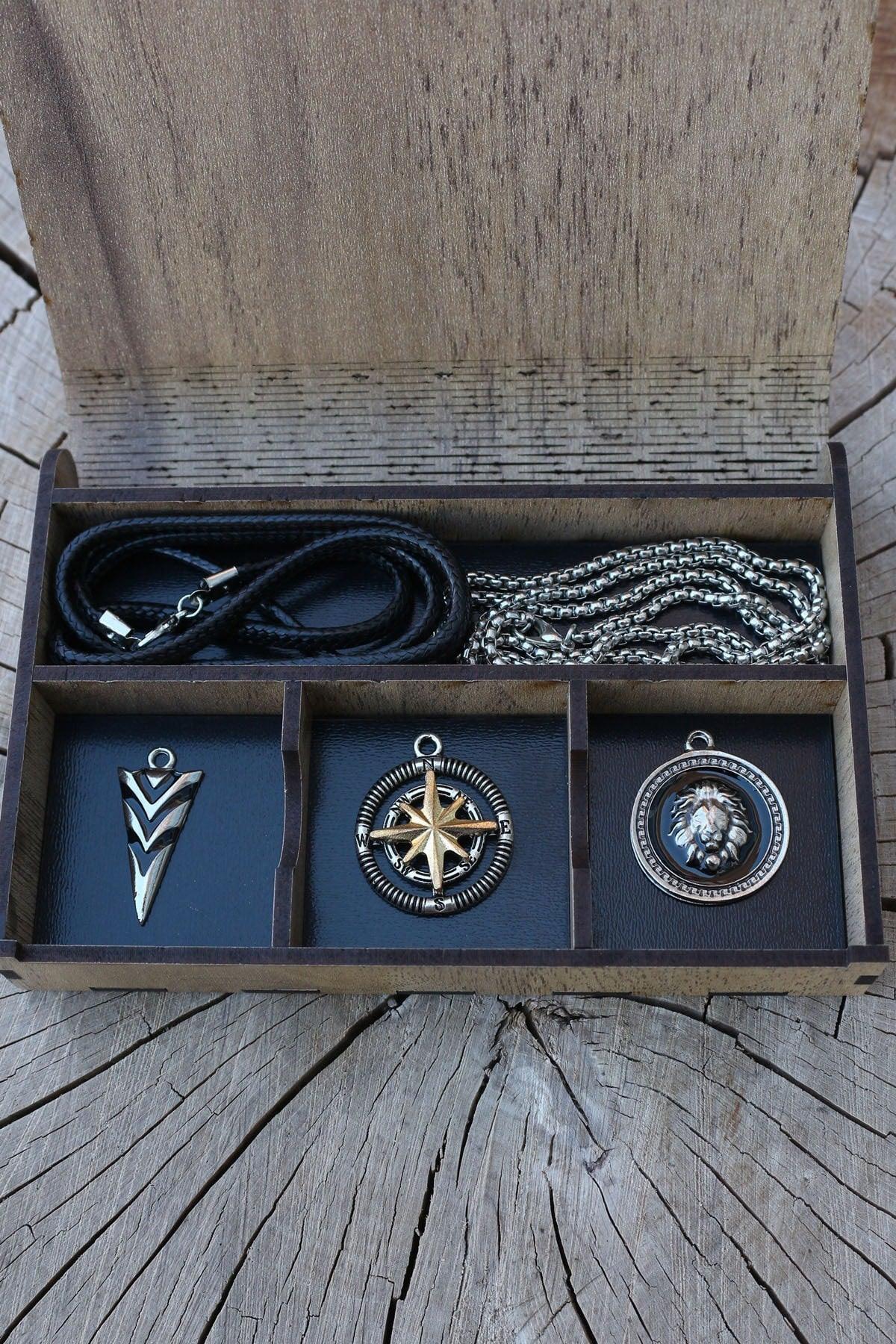 Necklace Set Wooden Special Gift Boxed Triagle Arrow, Pole Compass And Lion Imprint Rope And Chain - Swordslife