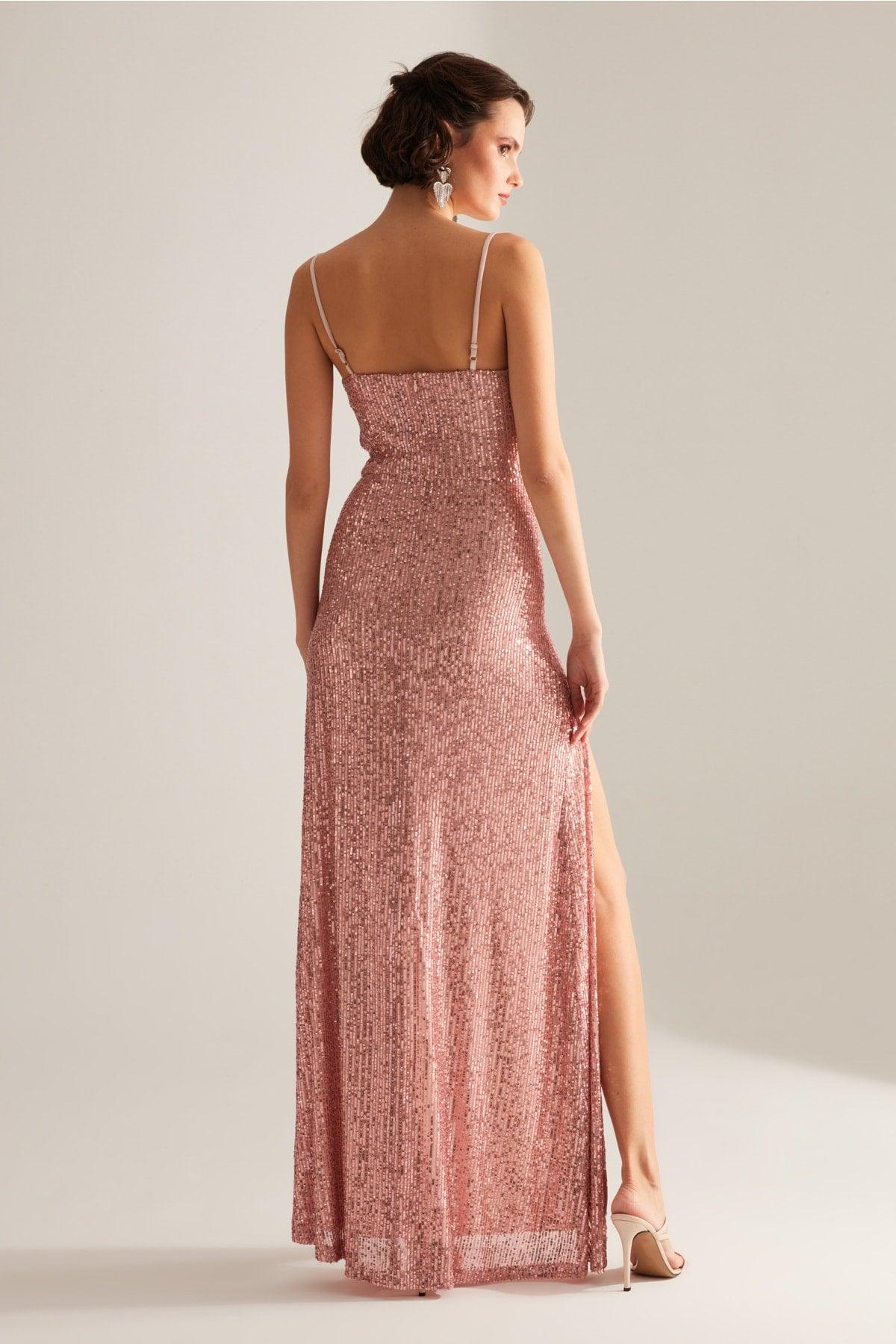 Strap Degajee Collar Slit Sequin Dried Rose Evening Dress - Swordslife