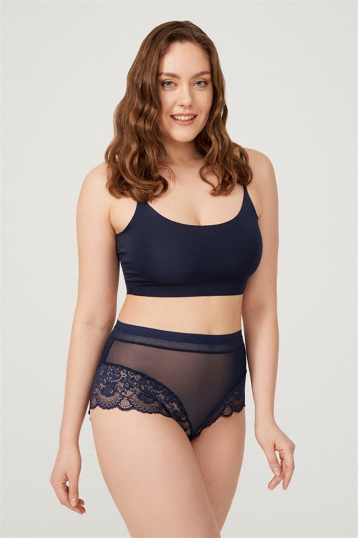 Navy Blue Lace Detailed Transparent Plus Size Bikini Panties - Swordslife