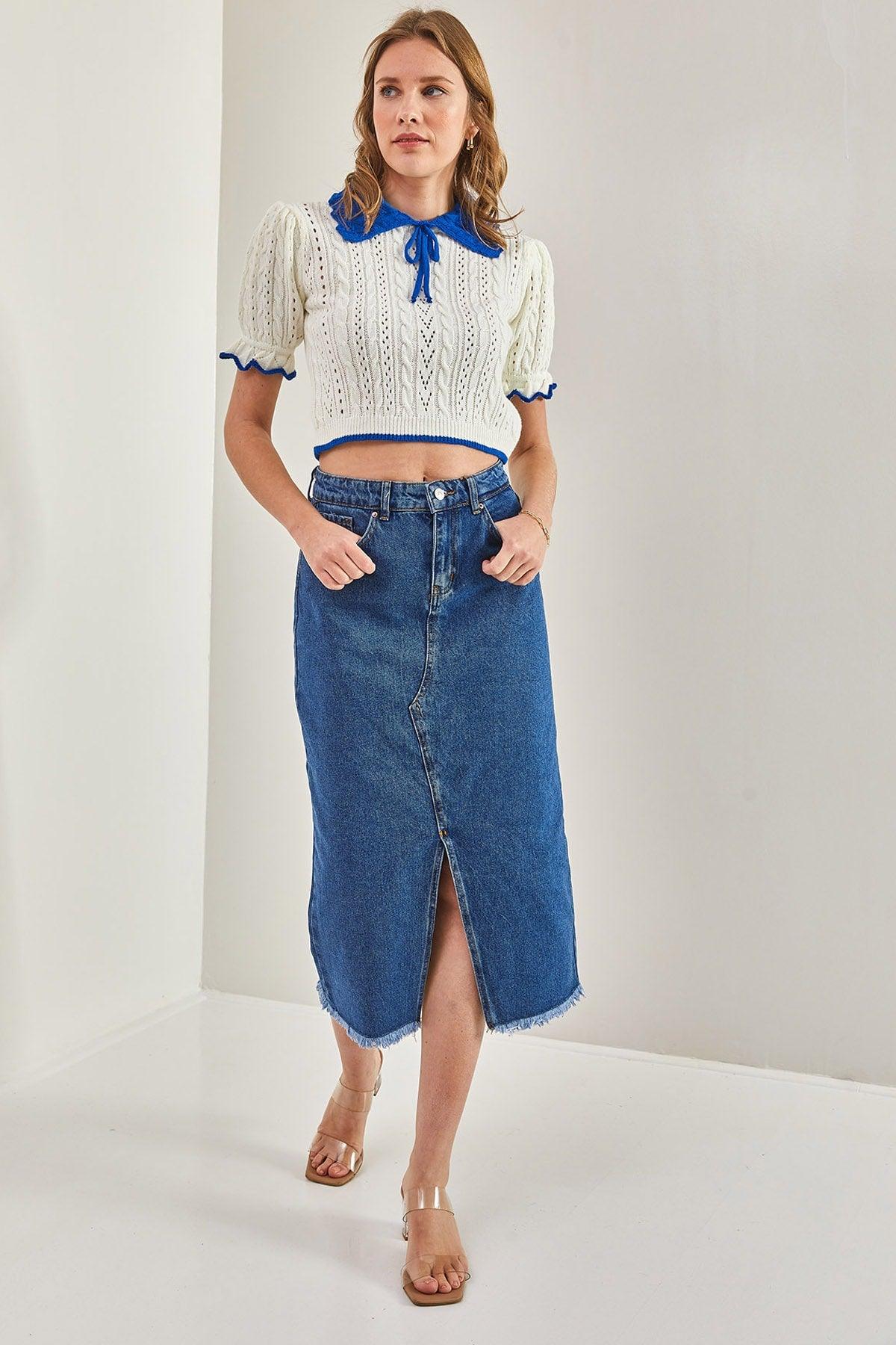 Women's Laser Cut Slit Denim Skirt - Swordslife