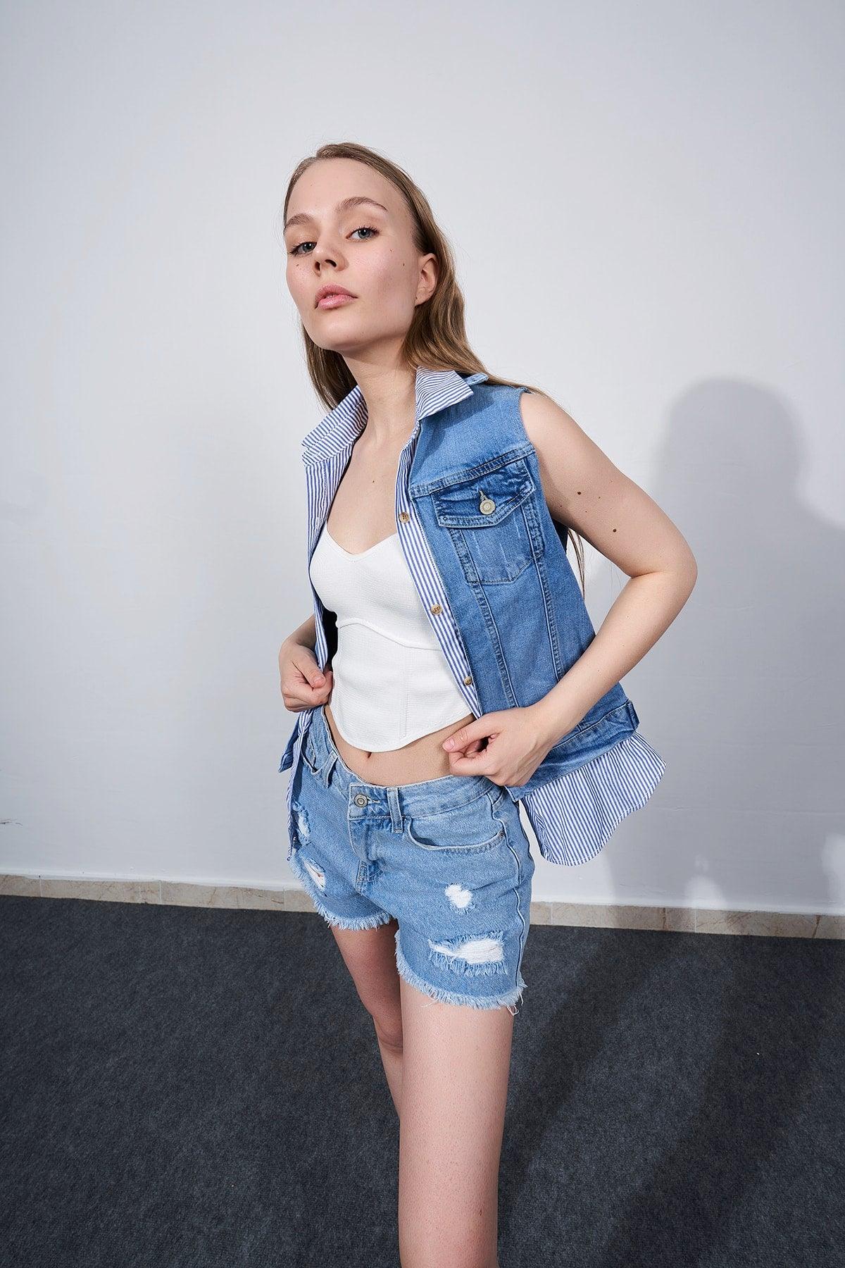 Women's Denim Jacket Vest Shirt Detailed Summer Jacket Sleeveless Denim Jacket - Swordslife