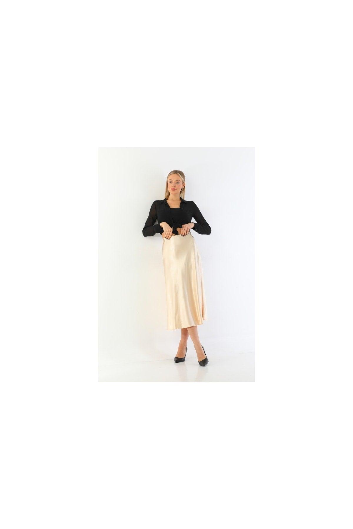 Beige Viscose Satin Midi Skirt - Swordslife