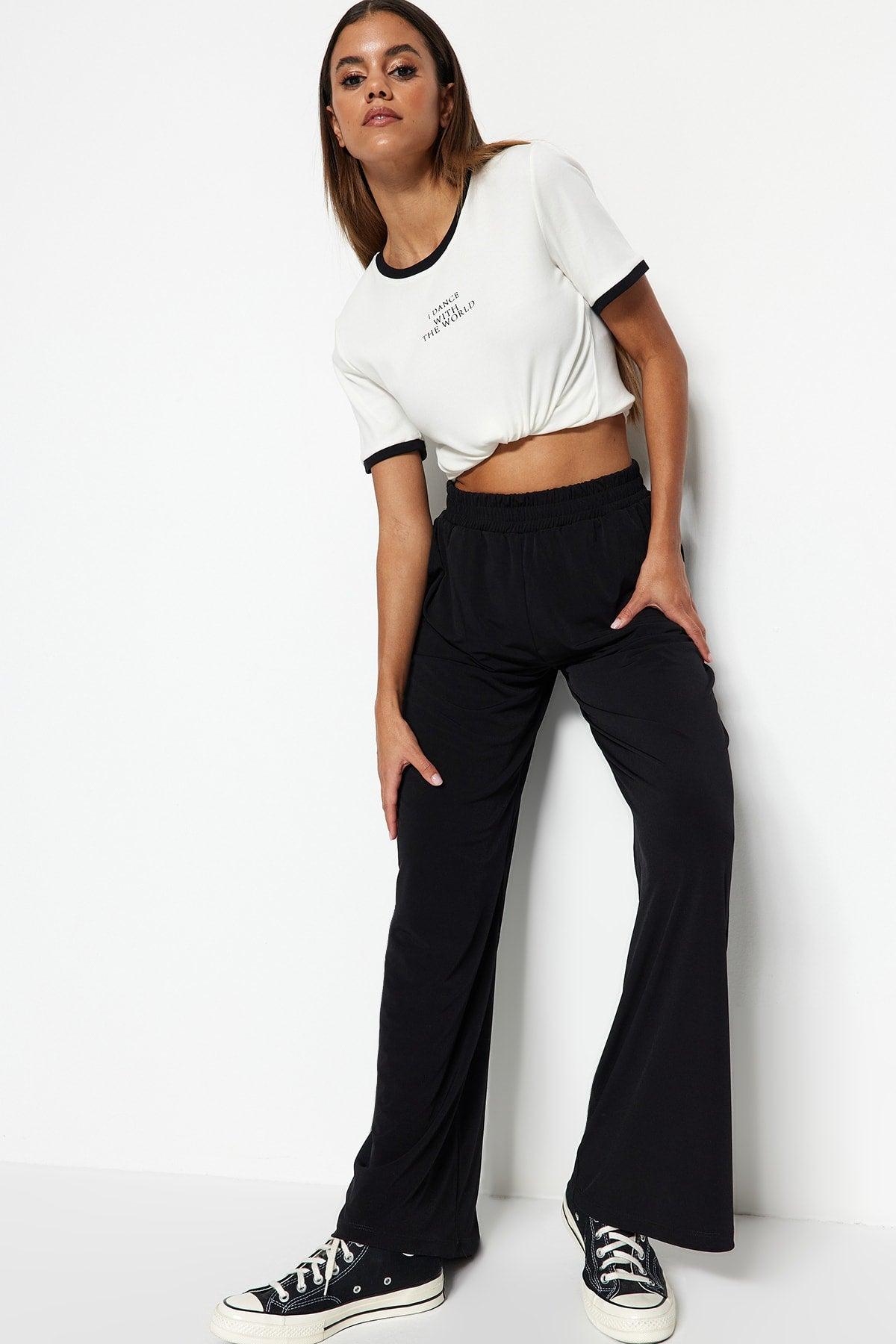 Black Wide Leg/Comfort Fit High Waist Elastic Knitted Trousers TWOSS23PL00129 - Swordslife