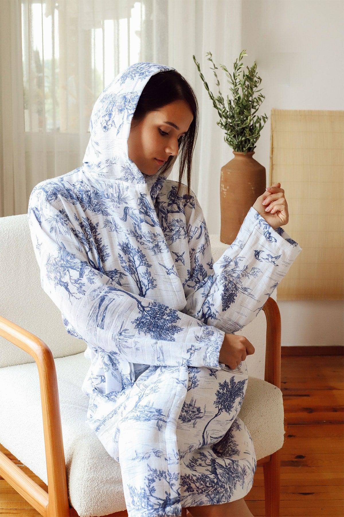 Adult Patterned Muslin Bathrobe, Special Design 100% Cotton 2 Layers Double Sided Hooded - Swordslife