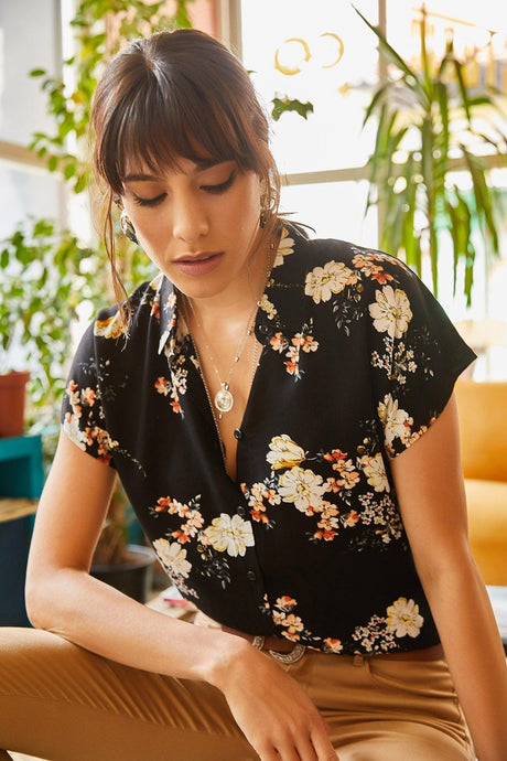 Women's Black Mustard Floral Bat Viscose Shirt GML-19000613 - Swordslife