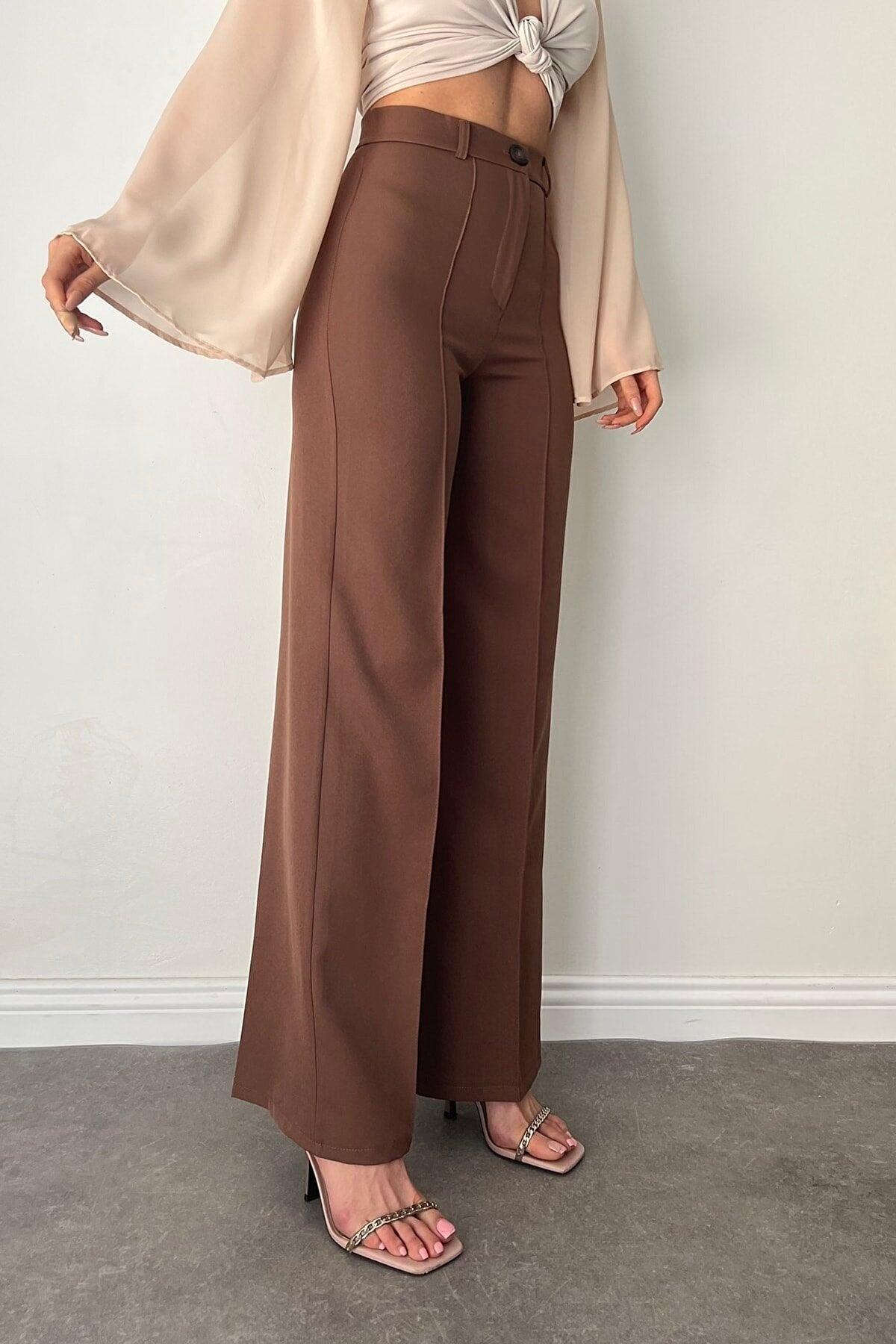 Women's Front Stitching Detail Brown High Waist Palazzo Trousers - Swordslife