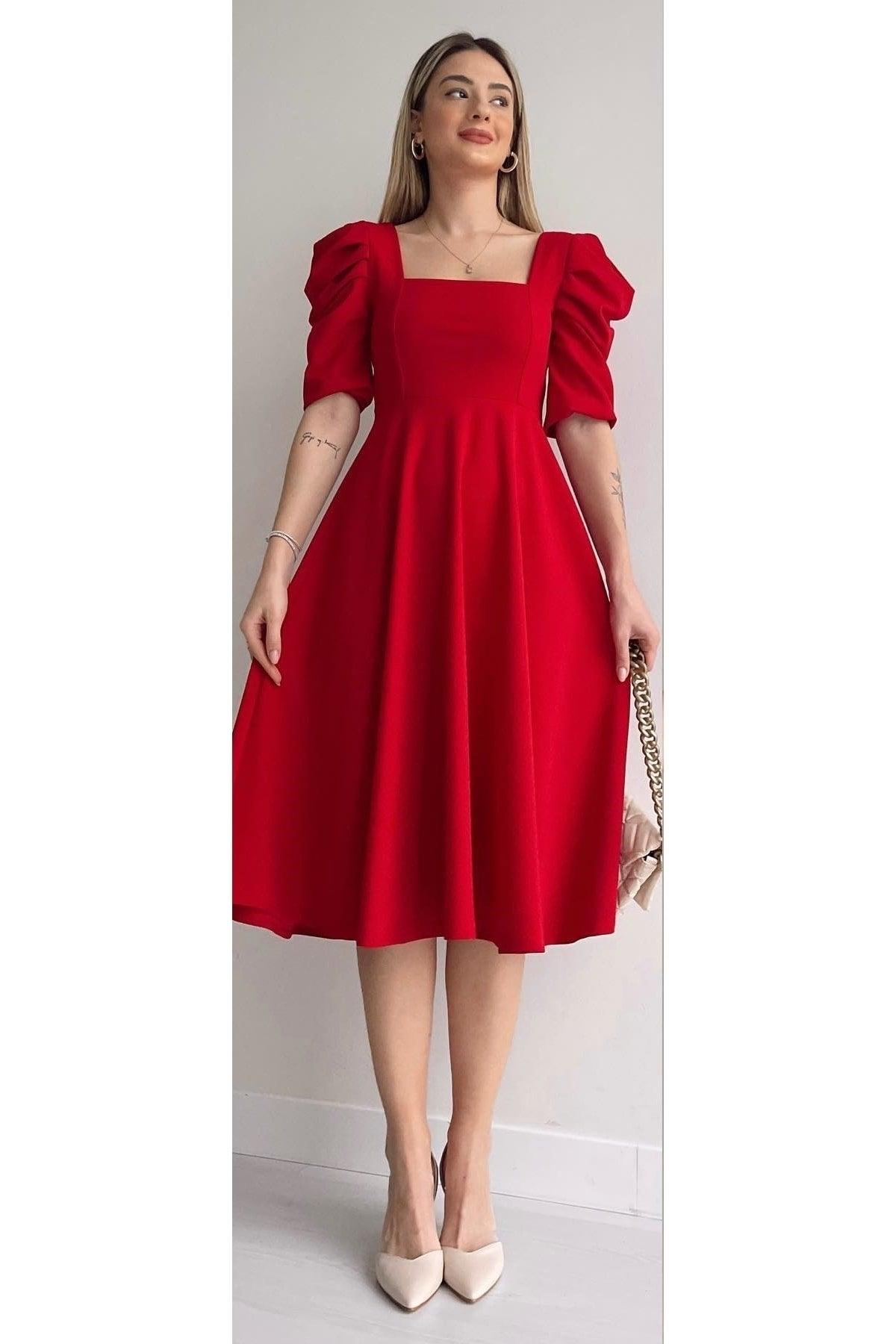 Women's Crepe Fabric Short Sleeve Square Collar Midi Length Red Dress 080 - Swordslife