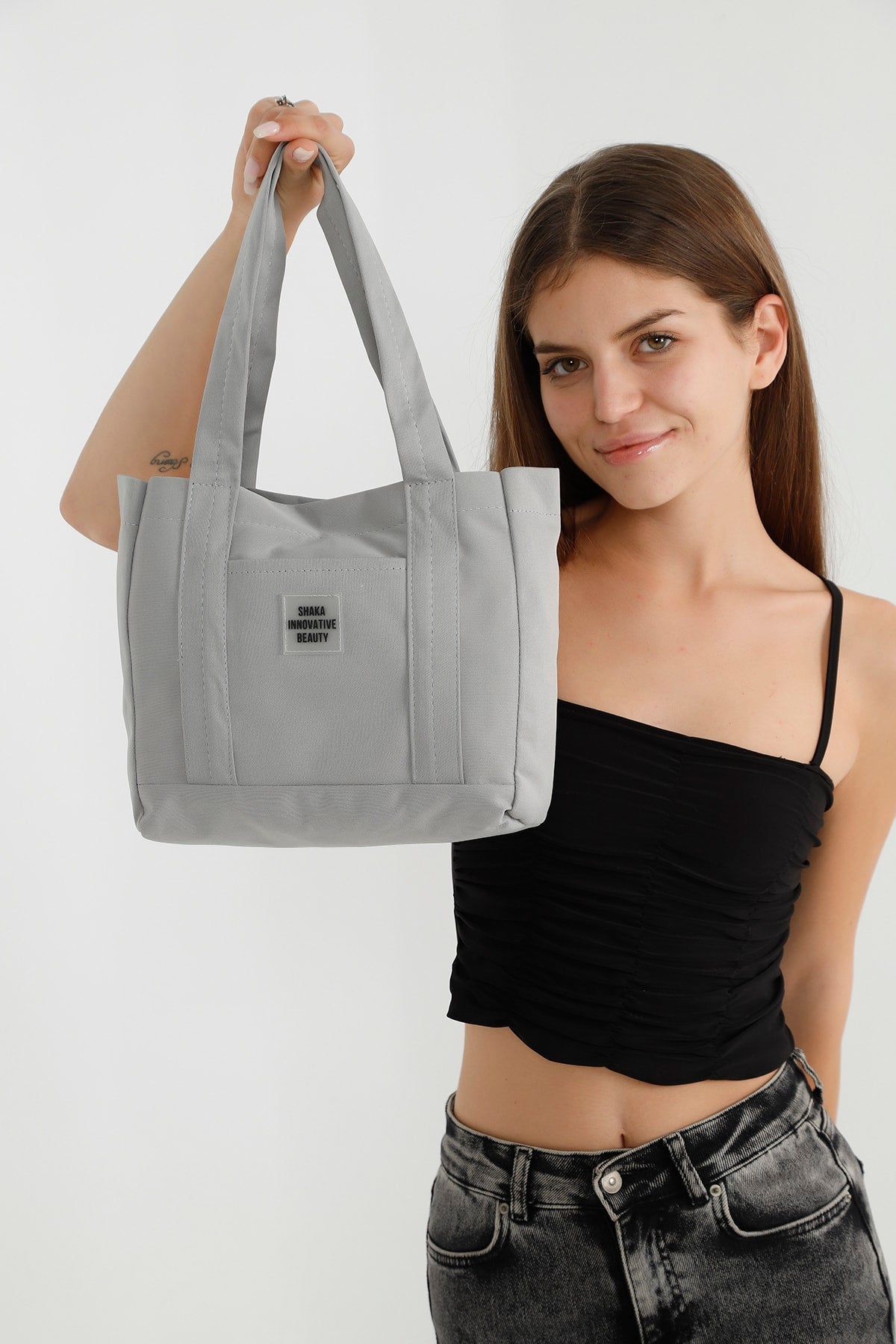 Gray U37 Snap Closure 2 Compartment Front Pocket Detailed Canvas Fabric Daily Women's Arm And Shoulder Bag U:2