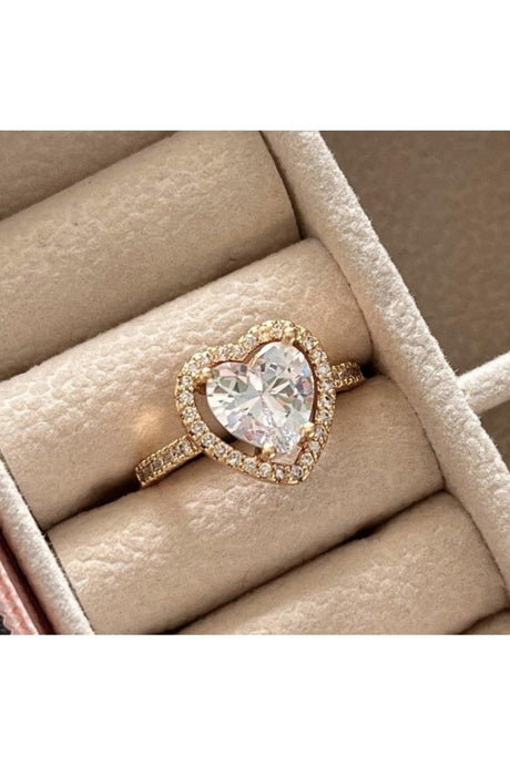 Gold Color Heart Shape Lovely Zircon Ring Adjustable Fits Any Finger - Swordslife
