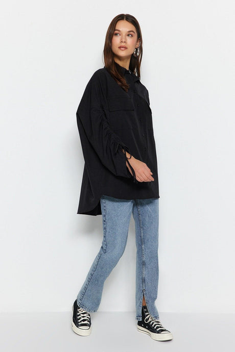 Black Adjustable Ruffle Detailed Woven Cotton Shirt TCTSS23TG00011 - Swordslife