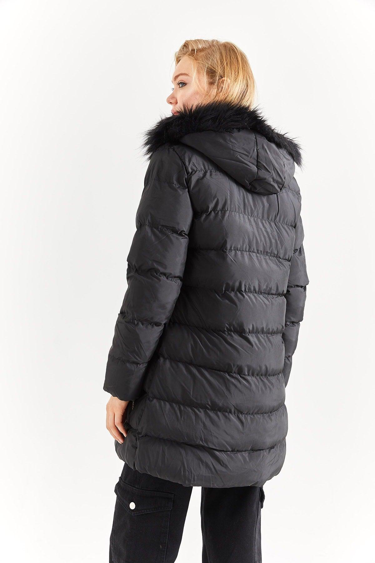 Women's Black Powder Fur Hooded Down Jacket - Swordslife