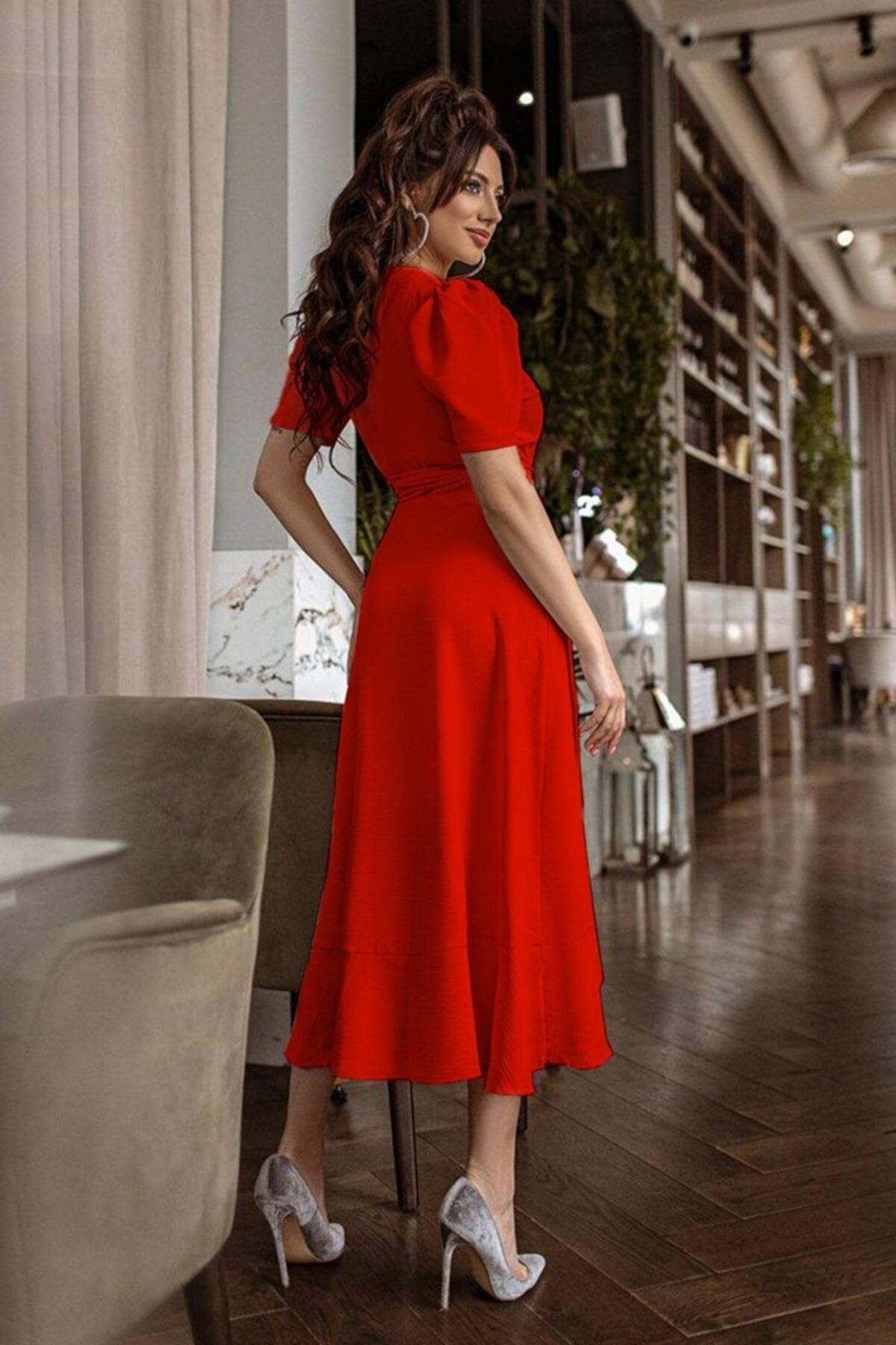 Double Breasted Collar Short Sleeve Flounce Belted Midi Length Dress - Swordslife