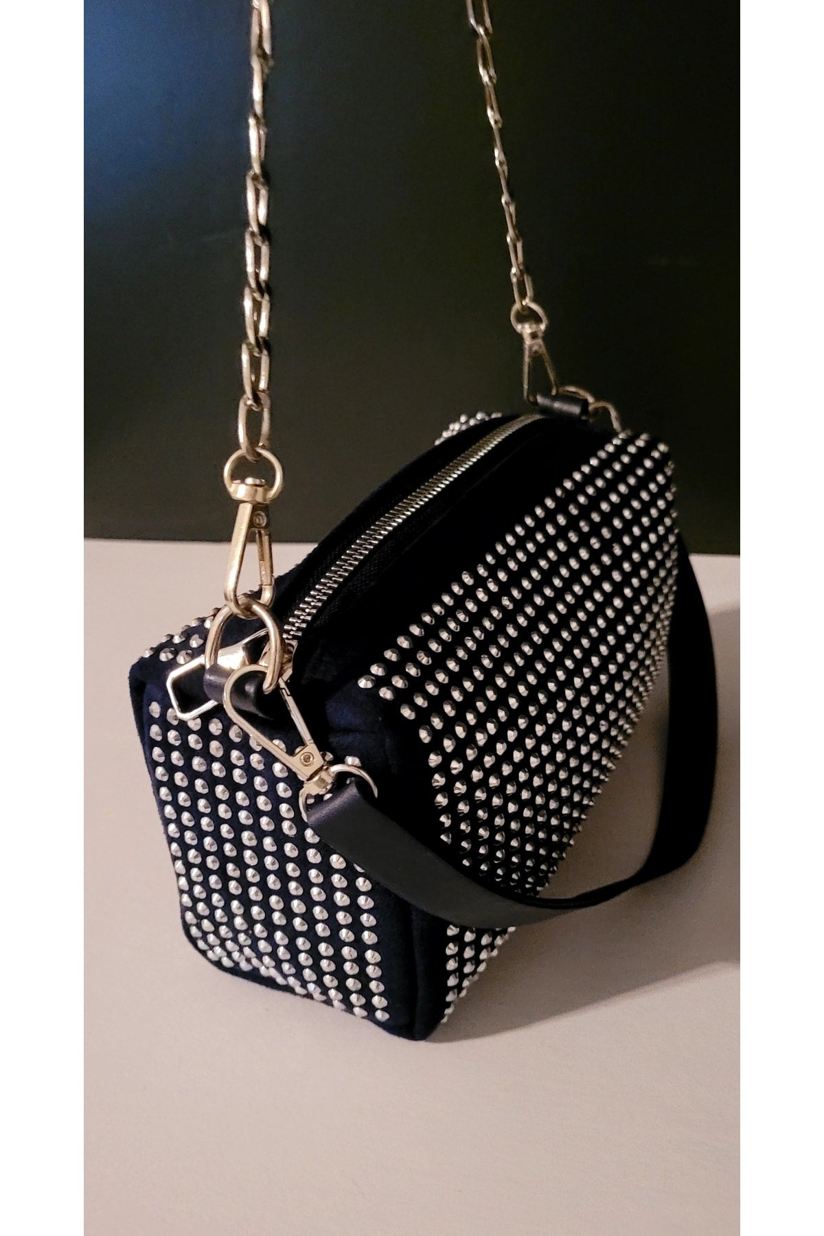 Bhm Navy Blue Stone Chain Strap Hand And Shoulder Bag