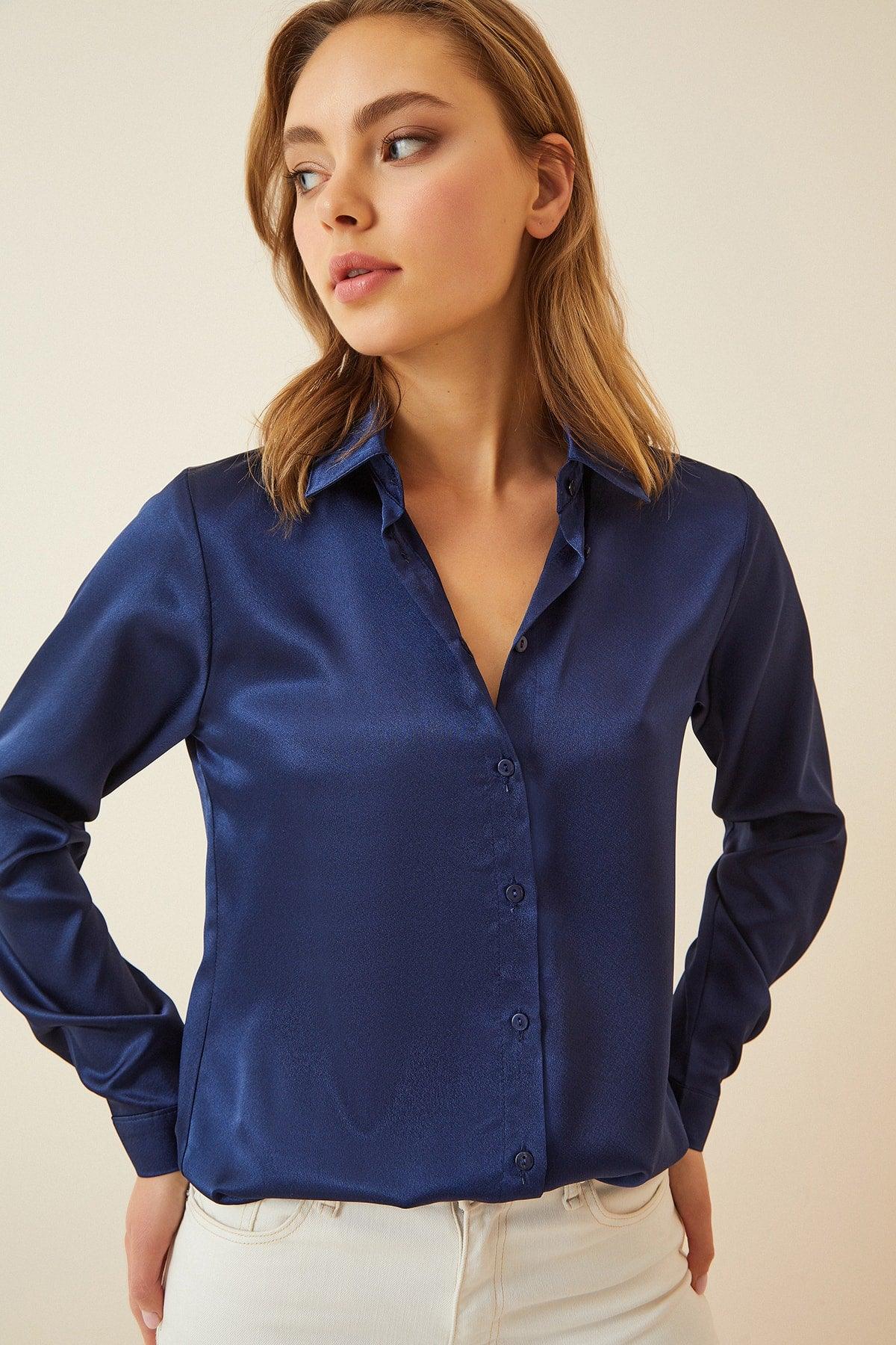 Women's Navy Blue Lightly Flowy Satin Shirt DD00990 - Swordslife