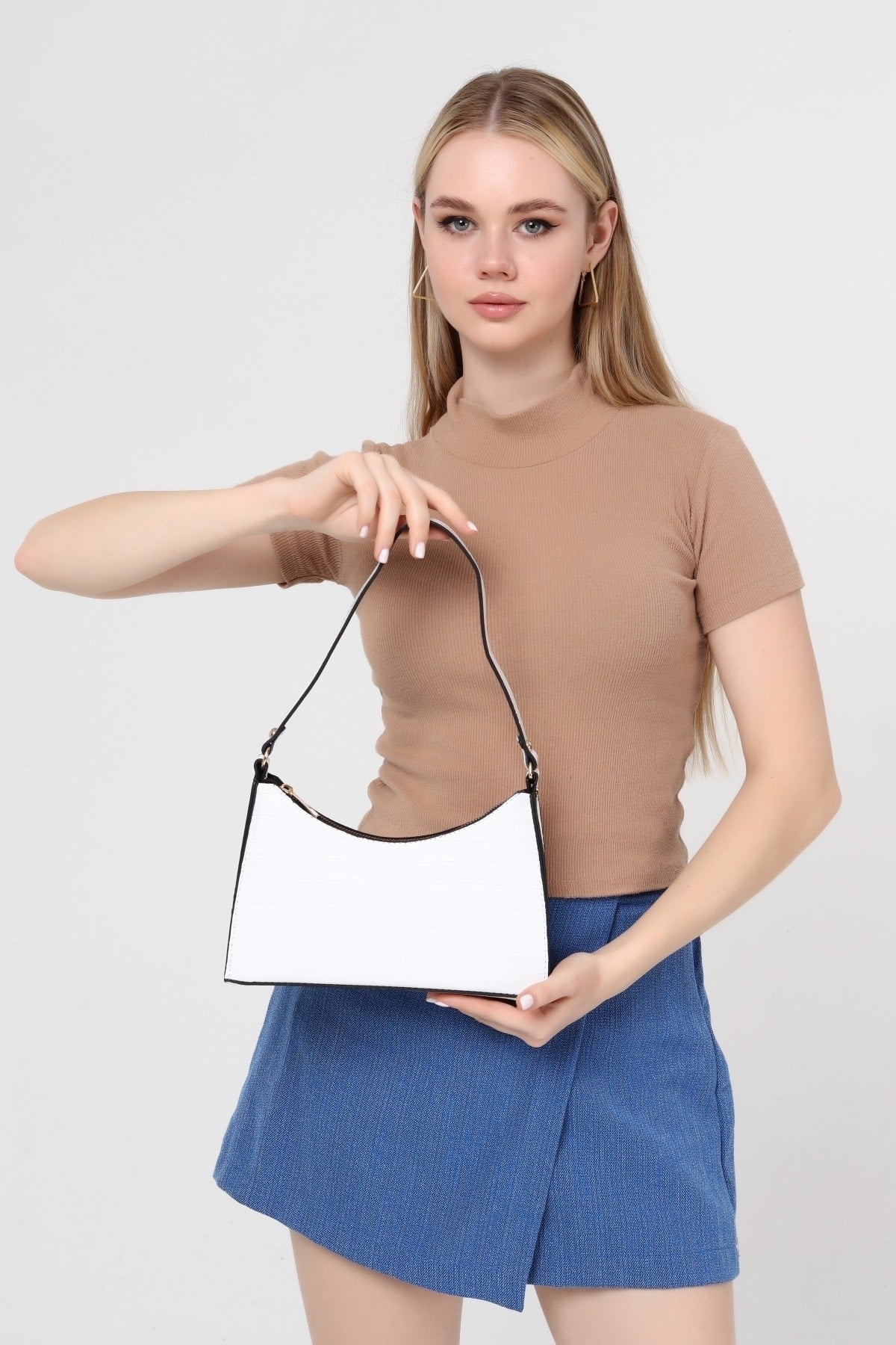 White Crocodile Patterned Baguette Baguette Hand And Shoulder Bag Gc009001K