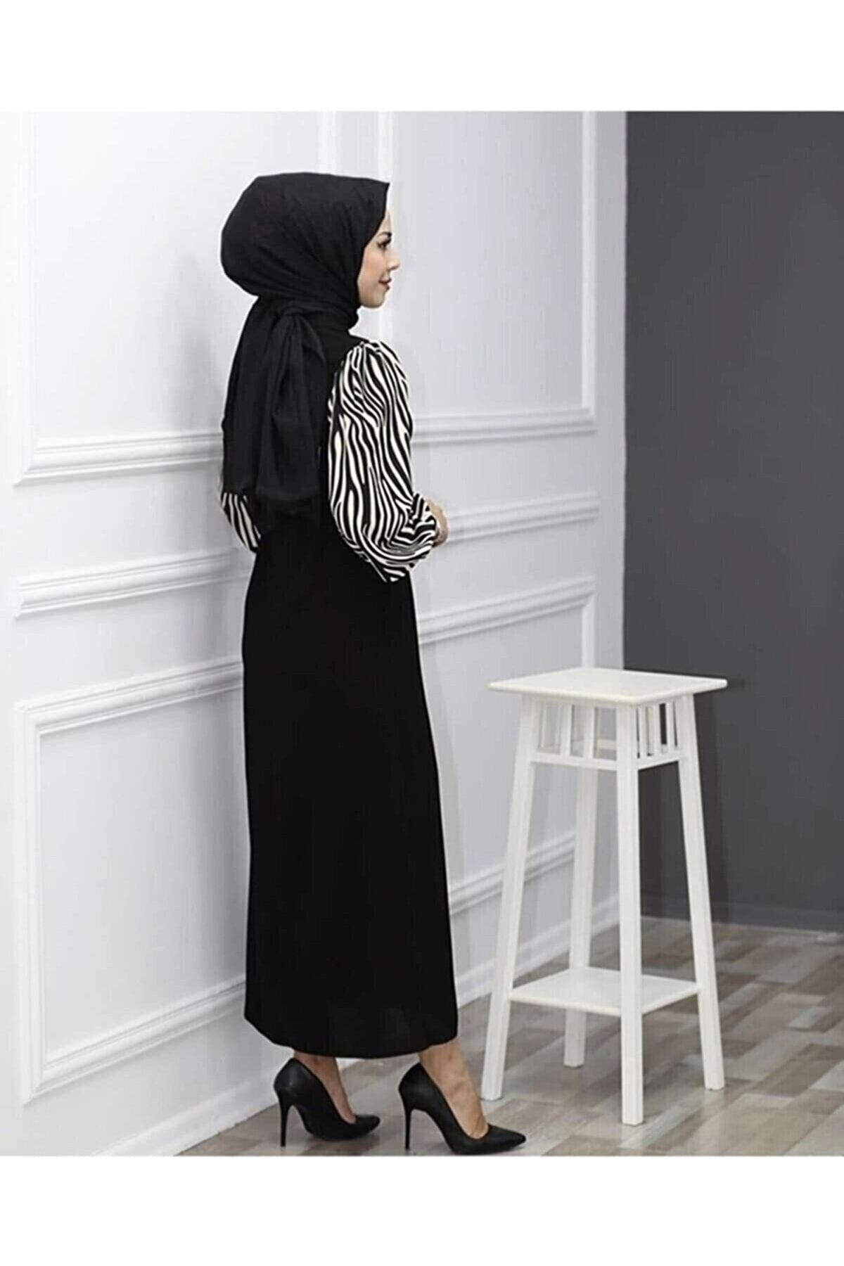 Zebra Patterned Long Hijab Dress - Black Zeraa-678 - Swordslife