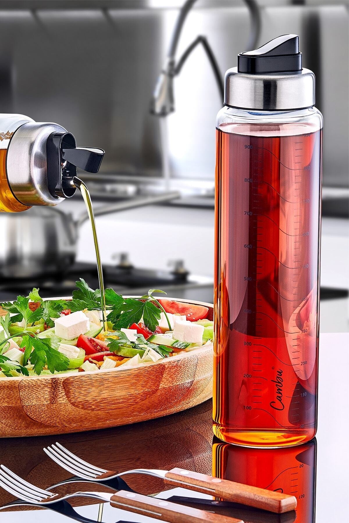 Drip-Free Tick-Tock Glass Oil Bowl With Lid 1000 Ml (Oil Bowl With Automatic Opening Lid) Tick-Tock Non-Drip