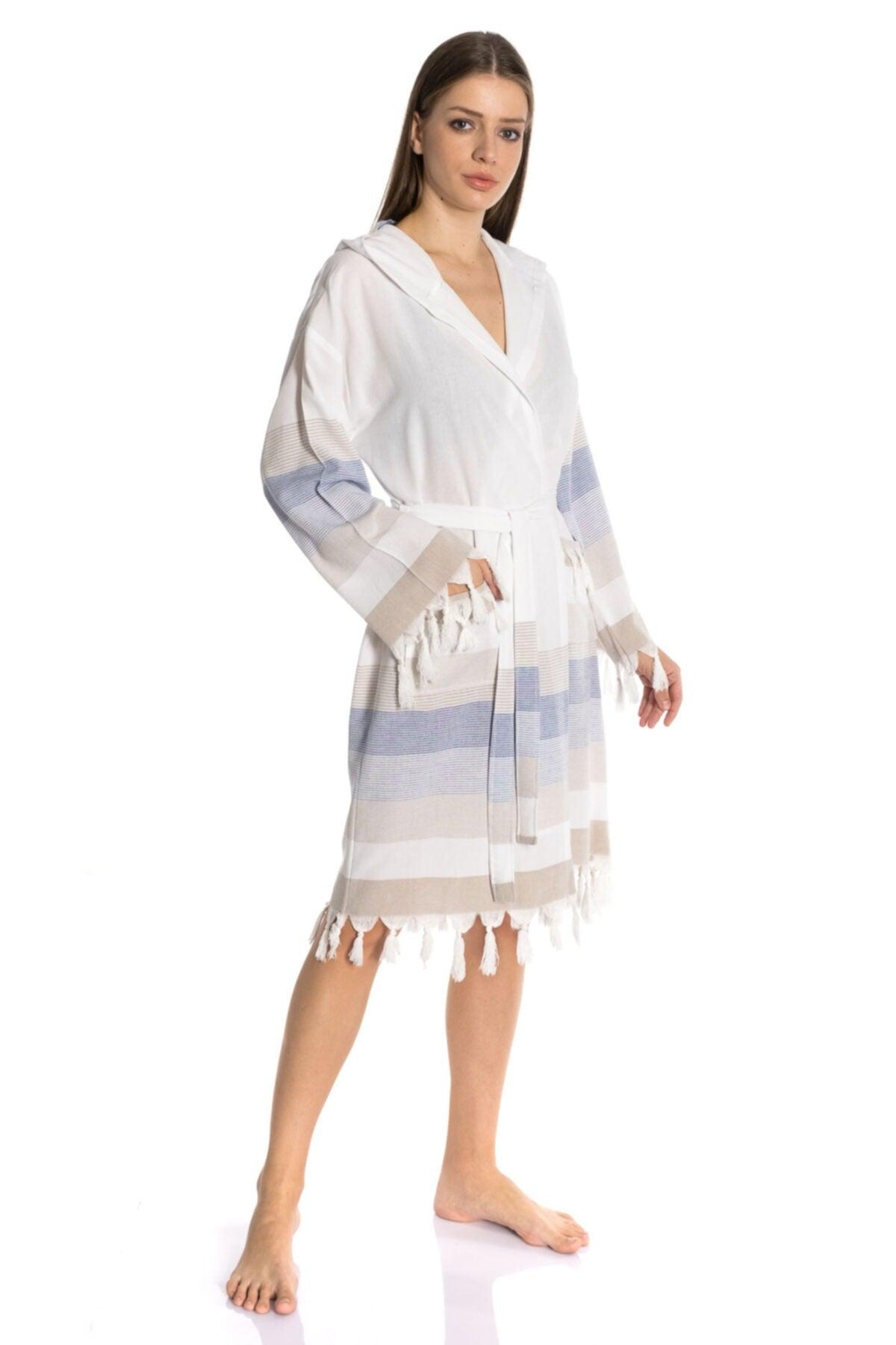 Women's White Bathrobe 100% Cotton Bodrum Peshtemal - Swordslife