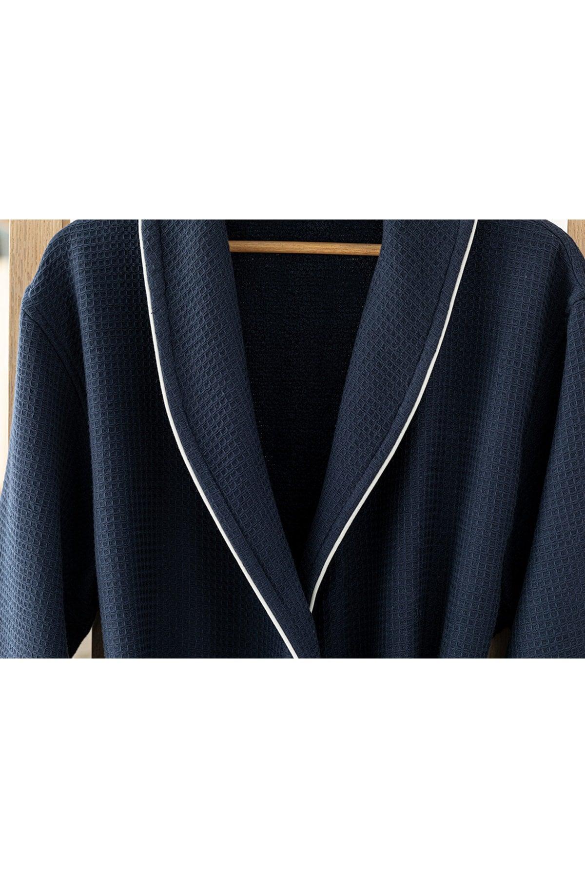 Thin Single Face Pique Shawl Collar Bathrobe Sm Navy Blue - Swordslife